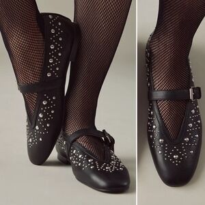 NIB Anthropologie Bibi Lou Studded Mary Jane Flats Sz 8/38 Black Leather Buckle